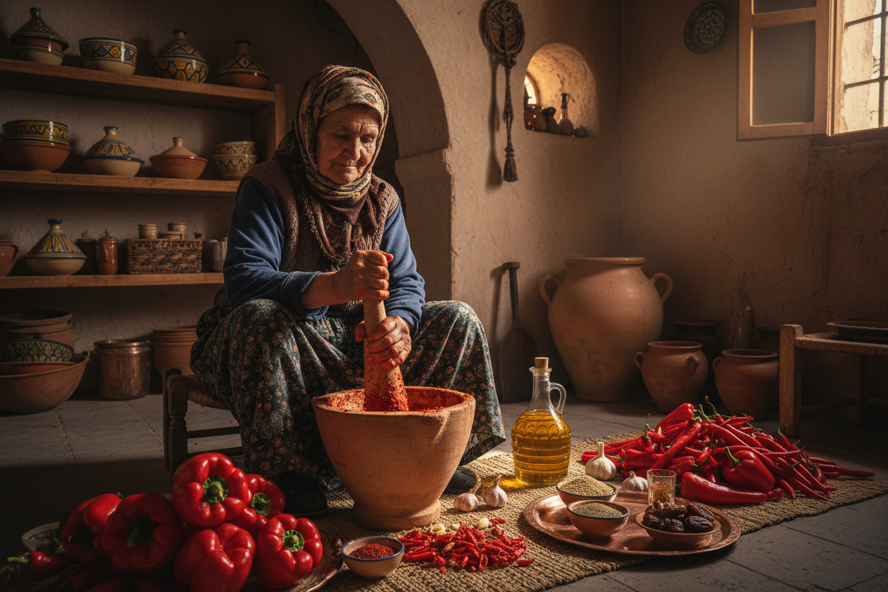 femme agées en train de fabriquer de l'harissa artisanale traditionnel en tunisie