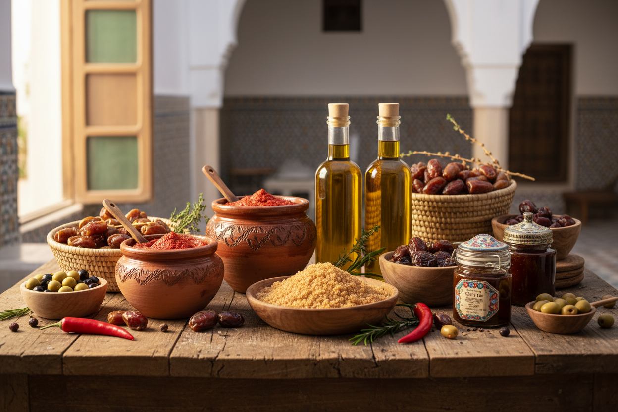produits artisanaux avec recettes authentiques tels que harissa, huille d'olive, sucre de dattes, confiture de dattes...